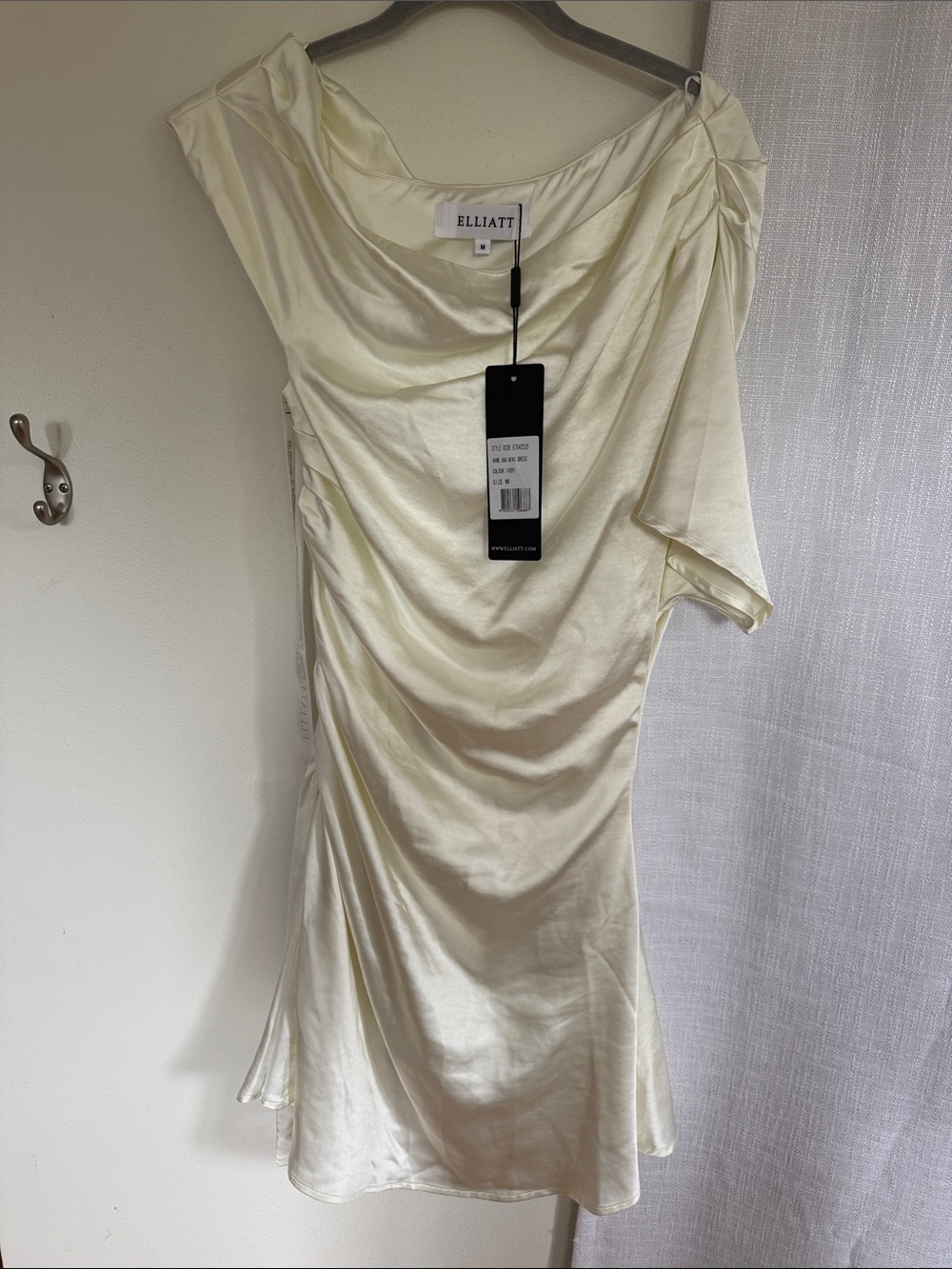 Elliatt Ivory One-Shoulder Satin Dress with Asymmetric Sleeve